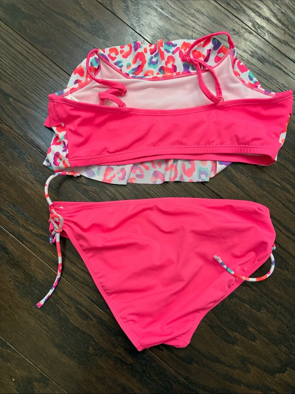 Justice Hot Pink Ruffle Two-Piece Bikini with Multicolor Print